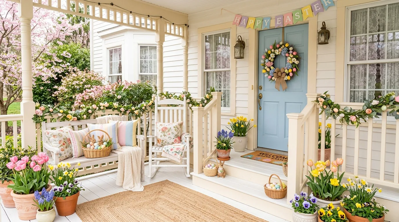 Pastel Easter porch decor with spring accents